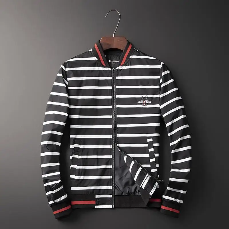 Мужская бейсбольная куртка с вышитыми пчелками в полоску рукавом рубчик # N05