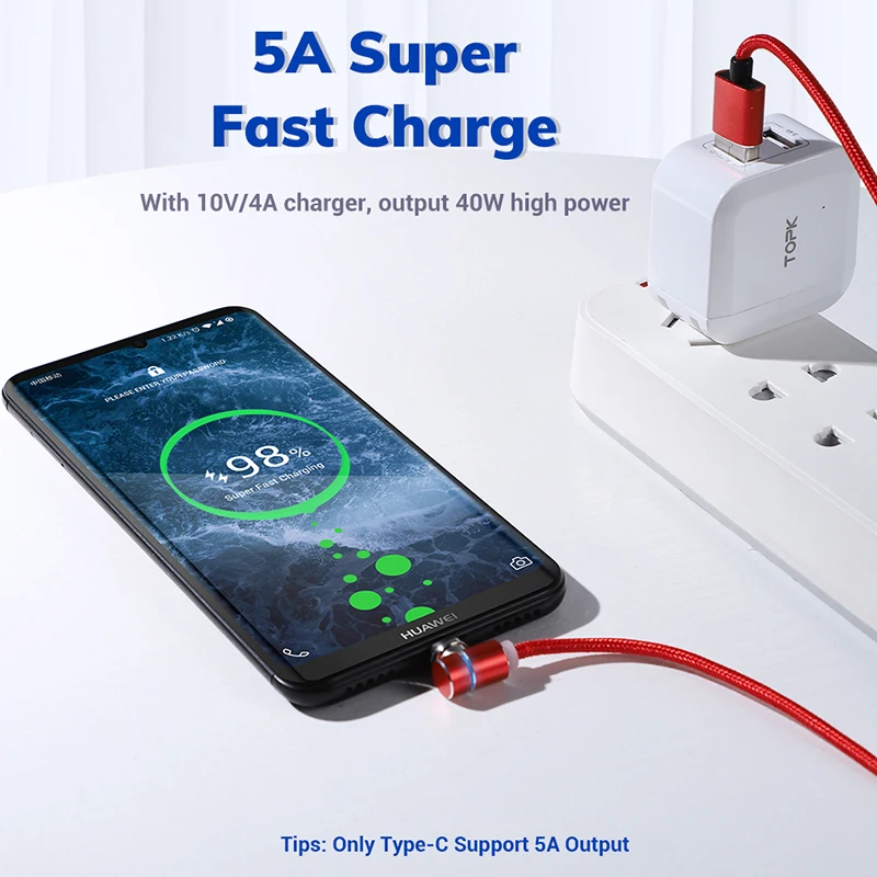TOPK светодиодный магнитный usb-кабель для быстрой зарядки iPhone X 7, кабель USB type C и кабель Micro usb 5A для samsung Xiaomi huawei