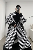 2021 men houndstooth double breasted loose plaid woolen trenchcoat autumn winter male streetwear vintage casual trench jacket