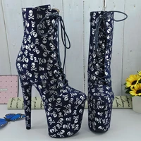 leecabe skull printing demin 20cm8inches pole dancing shoes high heel platform boots closed toe pole dance boots