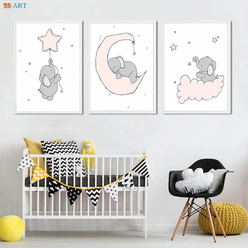 Принты для детской слон луна и звезды плакат холст картины цвета: розовый белый