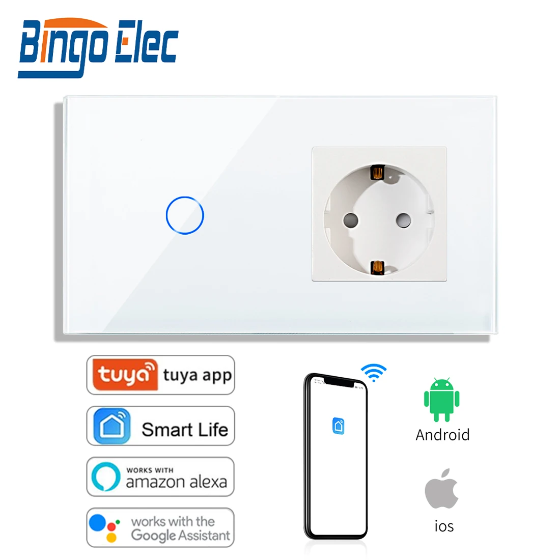 

Bingoelec Touch WiFi Intelligent Switch With Wall 16A Power Socket EU Standard 1Gang 1Way Tempering Glass Panel Light Control
