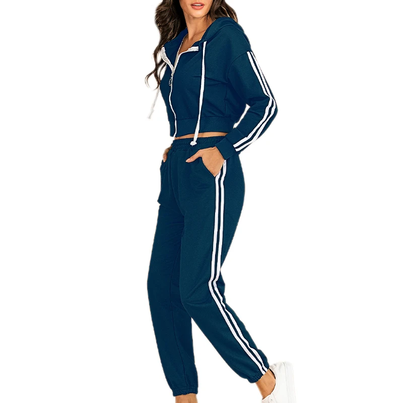 

VICABO Striped Patchwork Fitness Women Sets Long Sleeve Hooded Zipper Crop Tops Elastic Waist Sweatpants Tractsuits Set