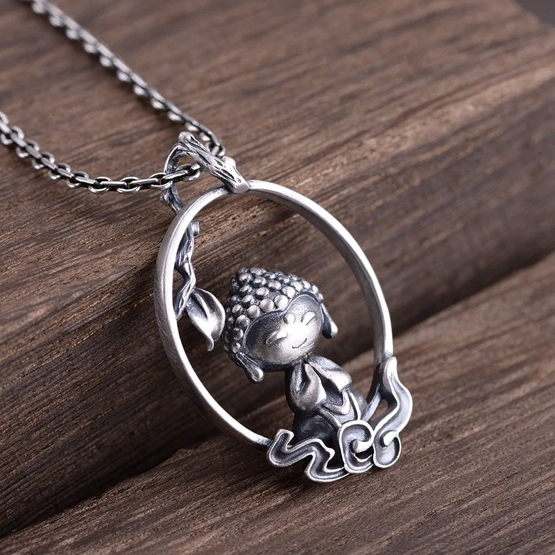 

BOCAI new real S925 silver woman pendant matte ethnic style, ancient silver auspicious clouds cartoon little Buddha pendant