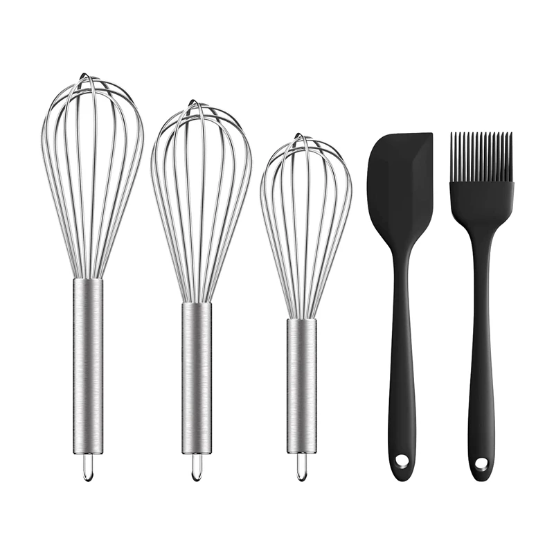 

3 Pack Stainless Steel Whisk Set 8+10+12inch,Wire Whisk for Cooking,Blending,Whisking,with Silicone Spatula&Brush