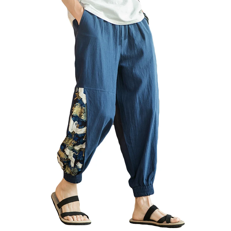 

Chinese Style Crane Print Linen Pants Patchwork Loose Plus Size Casual Joggers Spring Harajuku Harem Cropped Pants Men Clothing