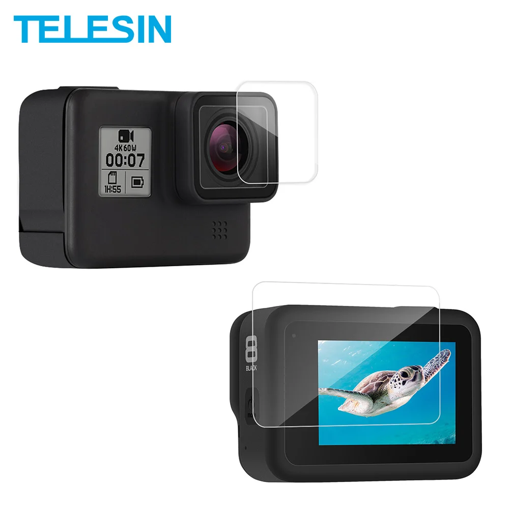 

TELESIN 2Pcs HD Tempered Glass Screen + Lens Protector Film 2.5D Ultrathin Full Coverage for GoPro Hero 8 Camera Accessories