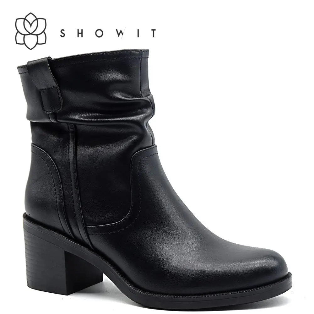 

Женские кожаные ботильоны на толстом каблуке SHOWIT, черные повседневные ботильоны Martin с круглым носком, на молнии, зима 2019