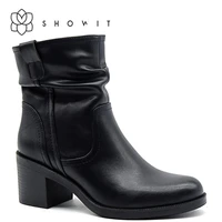 showit 2019 winter women thick heel black leather round toe martin ankle boots zipper basic casual