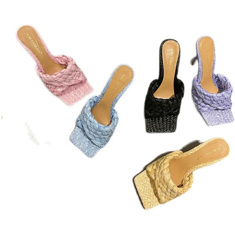 

Beige Heeled Sandals Shoes Woman 2021 Slippers Casual Pantofle Square Toe Low Black Luxury Thin New High Solid Rome Slides Cane