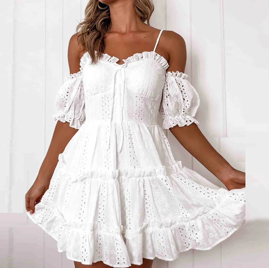 

Fashion Women's White Dress Summer Embroidered Hollow Lace Wrapped Strap Short Sleeve Pleated Lace Dress Ladies Sexy Dress#35