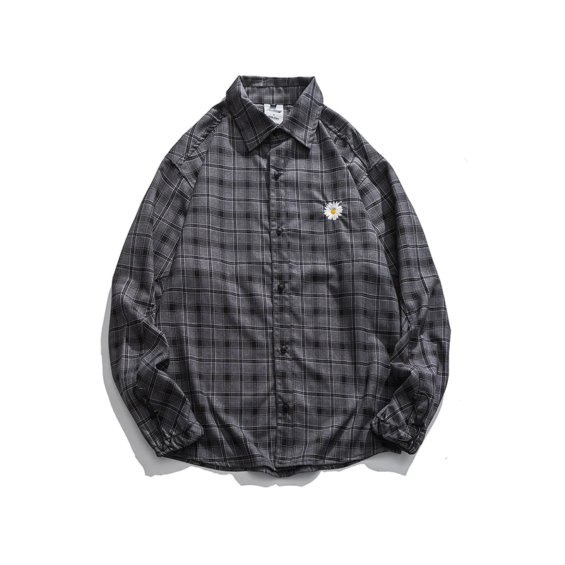 

KB 2021Spring Daisy Embroidery Long Sleeve Shirts Men Hip Hop Button Dress Shirt Streetwear Hipster Fashion Casual Shirts Tops