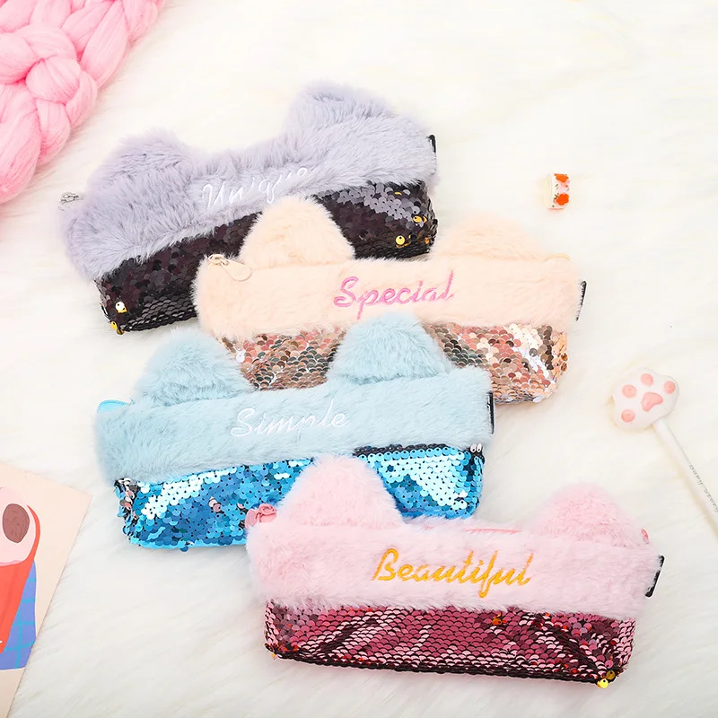 Большой плюшевый органайзер для канцелярских принадлежностей с блестками |