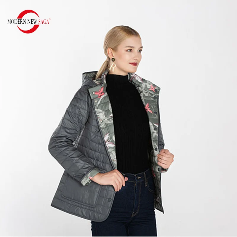 Grey Green MODERN NEW SAGA Осенняя Женская Куртка Двусторонняя Куртка Хлопок Стеганая Куртка С Капюшоном Синтепон Женское Пальто Короткое Теплая Куртка Для Женщин Куртки Женские Осенние Русский Размер - Цвет: Grey Green