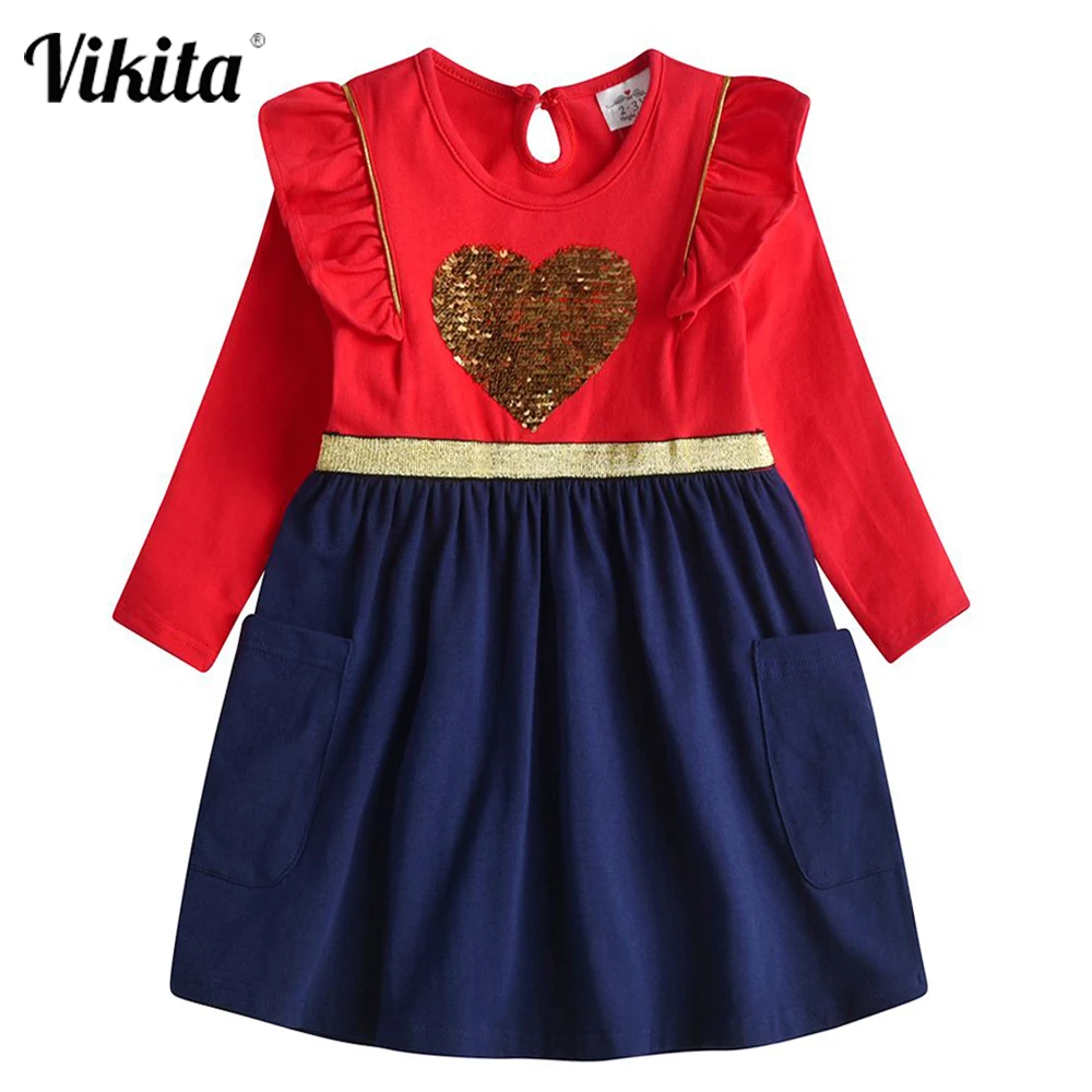 VIKITA chicas Navidad vestido de A&ntilde;o Nuevo ni&ntilde;os coraz&oacute;n de lentejuelas vestidos de algod&oacute;n de los ni&ntilde;os vestidos con bolsillos elegante vestidos 3-12Y-0