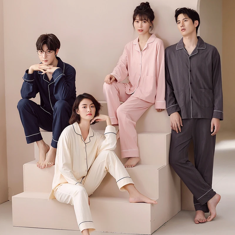 Fashion Couple Pjs 2021 Fall New Arrival Man and Women Matching Pajama 100% Cotton Long Sleeved Home Clothes