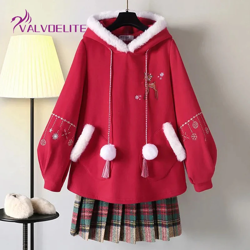 

2021 Winter New Plus Velvet Warm Ladies Hoodie Christmas Print Round Neck Top Sweatshirt Fashion All-match Pullover Long Sweater