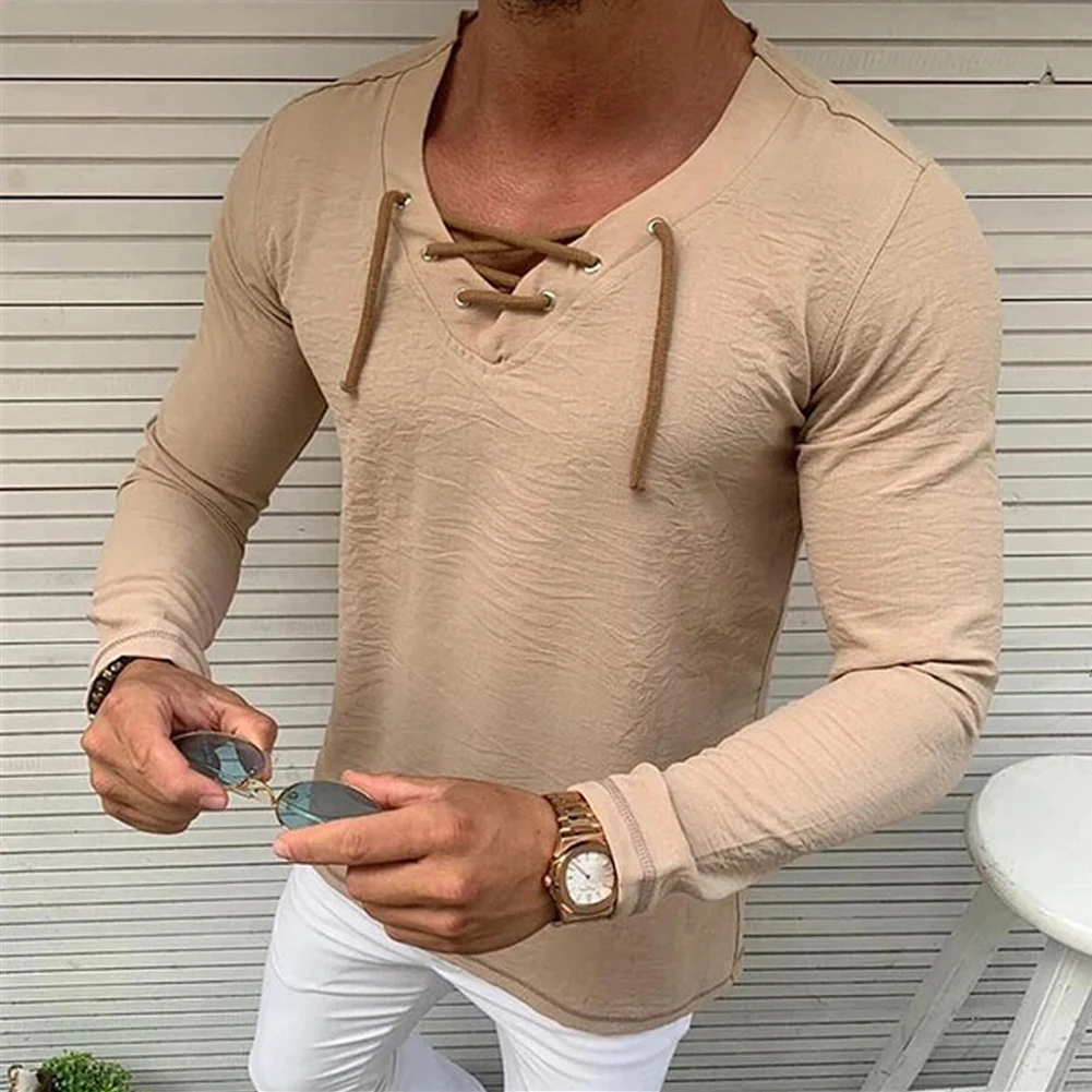 

Men Long Sleeve T-Shirt Casual Solid Color Tether V Neck Casual T Shirt Cotton Linen Tee H9