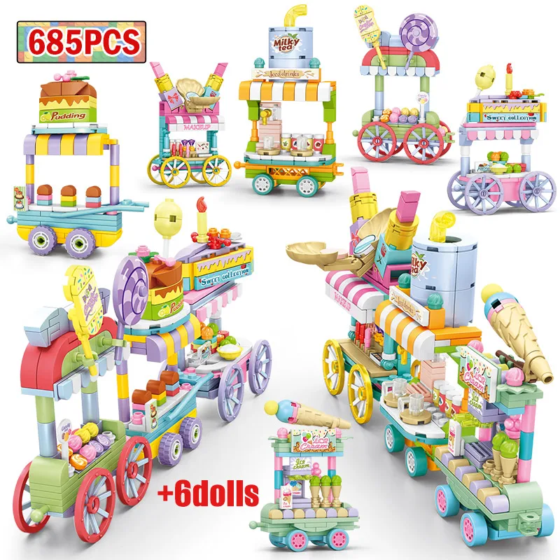 

685pcs 6 in 1 City Snack Street View Milk Tea Store Car Building Blocks Friends Shop Cart Figures Bricks Toys For Girls Gifts