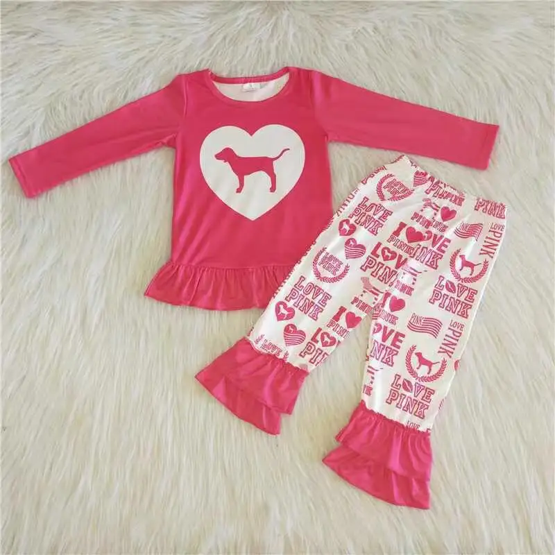 

2021 hot pink long sleeve shirt match ruffle pants little wholesale kids clothes girls clothing sets