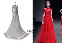 custom three quarter sleeves sexy see through back red high neck long prom gown 2015 lace applique evening gowns formal dresses