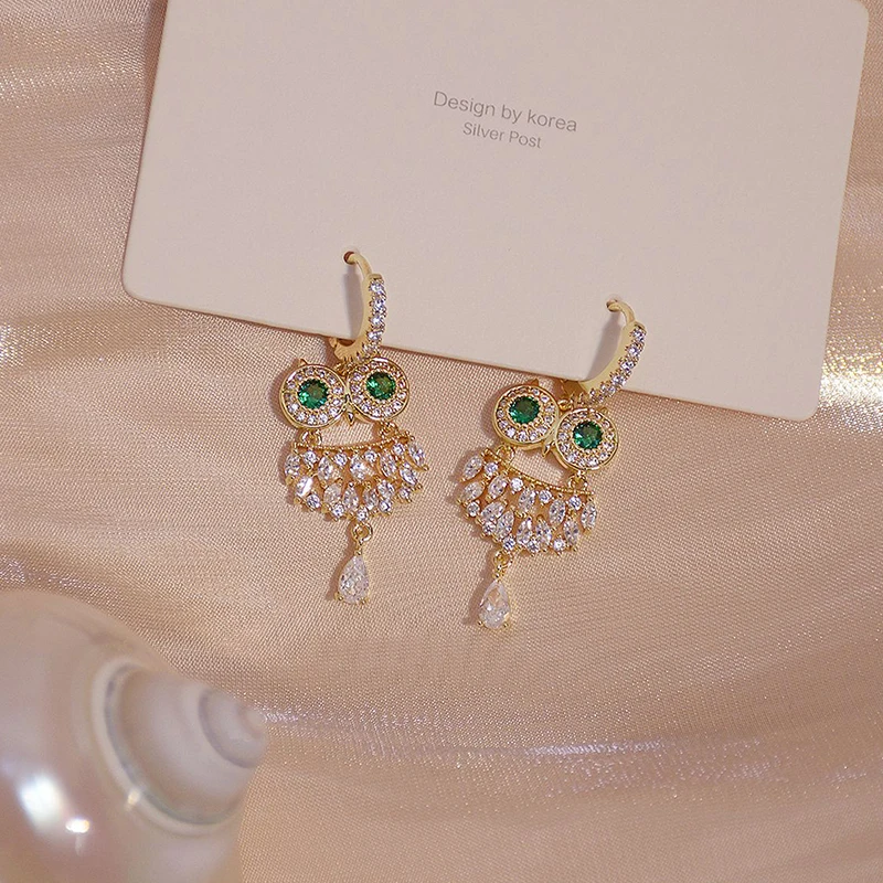 

YDL Gold Color Exquisite owl Zircon Earring for Women Zircon Green Crystal Drop Earring Daily Pendant Birthday Gift Present