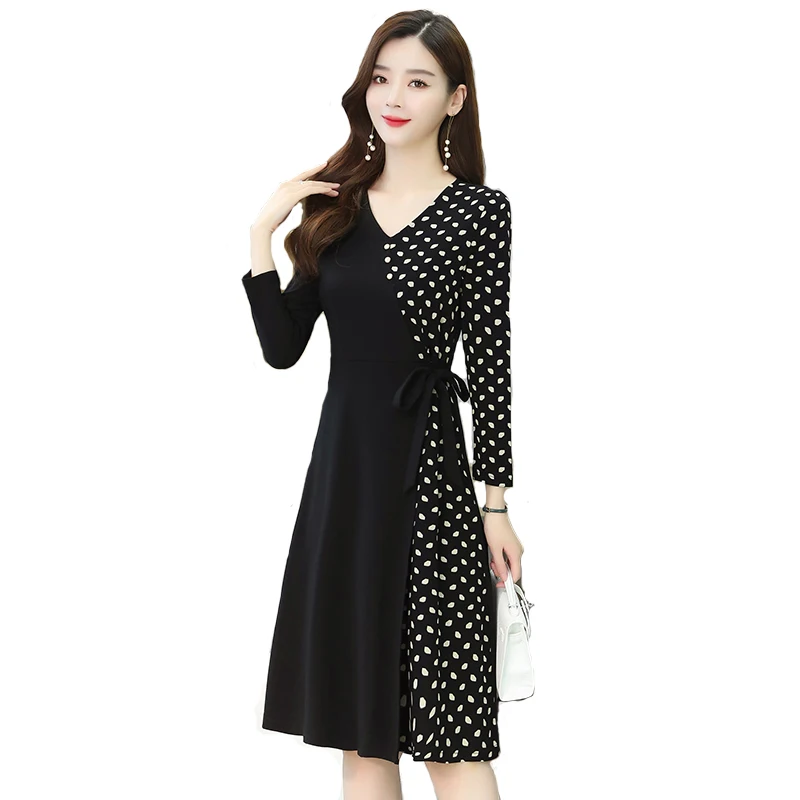 

2021 Vintage Patchwork Sexy Black Midi Dress V-Neck Women Bodycon Party Casual Vestido Spring Autumn Plus Size Long Sleeve Dress