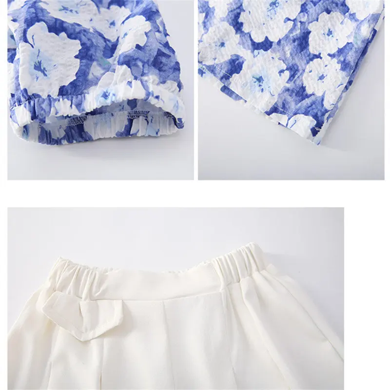 

Girls Clothing Sets Off Shoulder Floral Shirt + White Shorts 2PCS Suit 2021 Kids Summer Wear Outfits For Girls 6 8 10 12 13Years