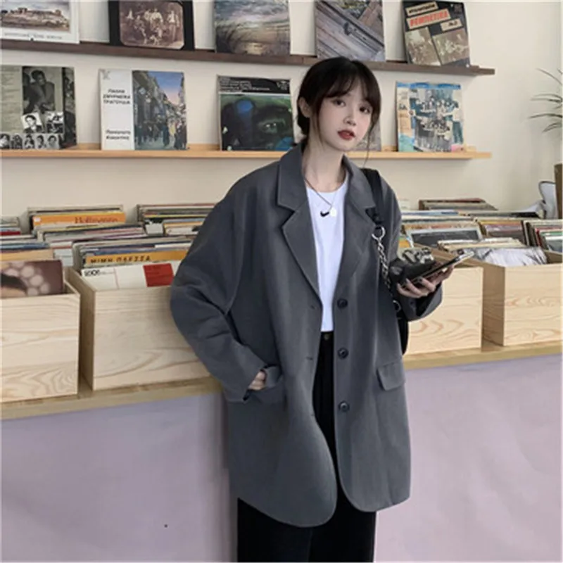 

Vintage Woman's Coat Korean Casual Notched Solid Long Sleeve Oversized Single Breasted Blazer Female All Match Jacket 2020