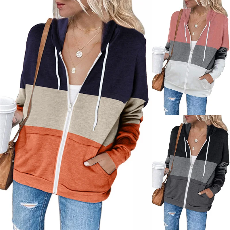 

hirigin 2021 Autumn Coats Female Striped Color Patchwork Coat Long Sleeve Hooded Tops With Zipper Pockets Jackets Spring Fall