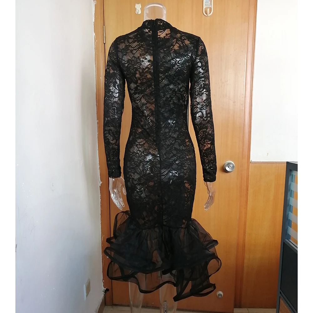 Women Spring Sexy Bodycon Lace Dress Long Sleeve Turtleneck Hollow Out Ruffles Mesh Dresses Night Club Party Elegant Vestidos | Женская