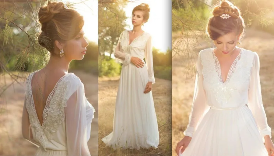 

Boho 2018 Long Sleeve Beach Lace V-Neck Vestido De Novia Casamento Romantic Bridal Gowns Chiffon mother of the bride dresses