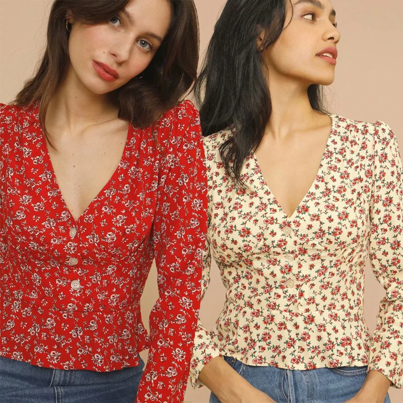 

Vintage Floarl Print Blouse Women Sexy V-neck Nine Quarter Puff Sleeve Buttons Slim Crop Top Elegant Freach Style Summer Shirt
