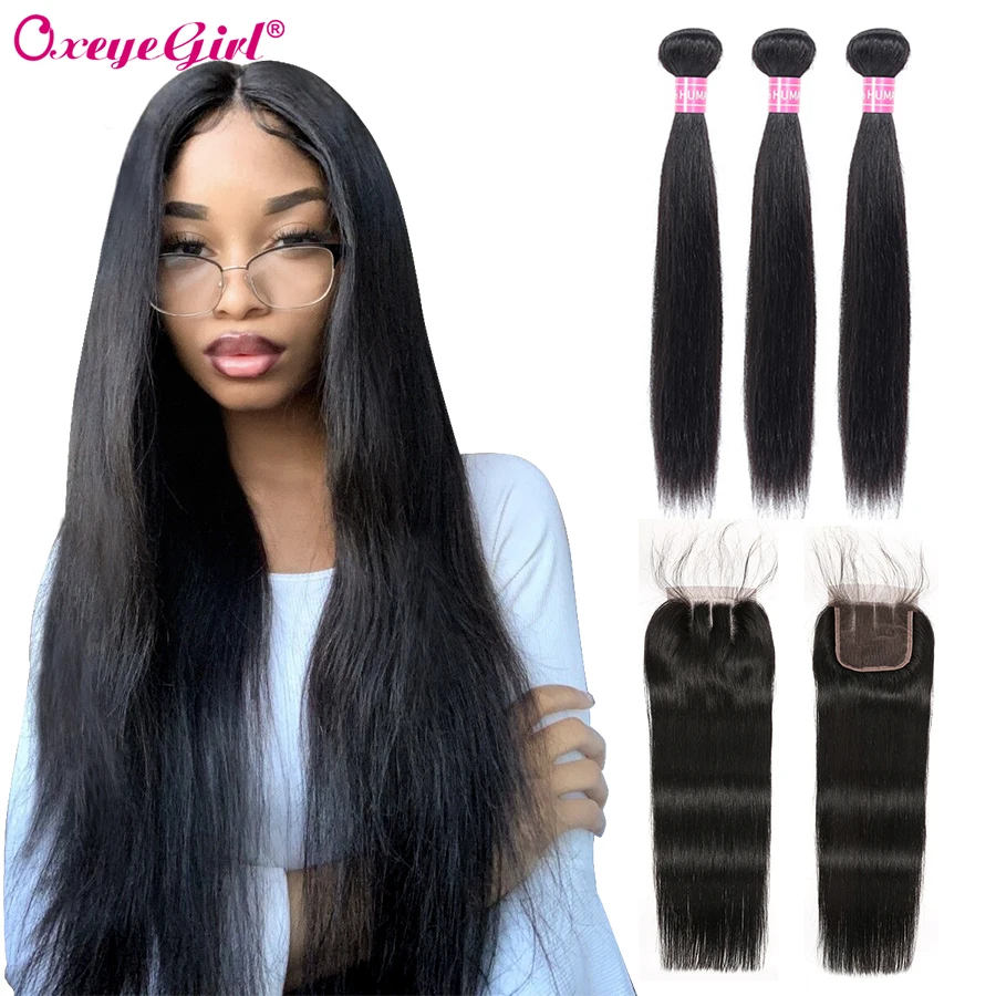 Oxeye девушка прямые человеческие волосы пучки с закрытием могут быть обработаны 4X4