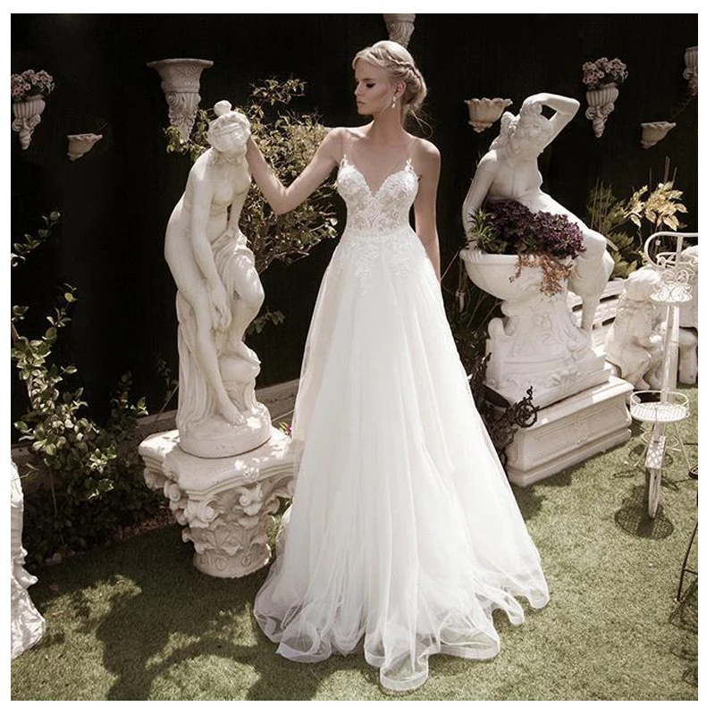 

Boho Vestido De Noiva Muslim Wedding Dresses A-line V-neck Tulle Appliques Lace Beach Wedding Gown Bridal Dresses