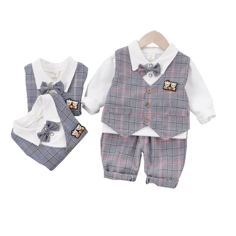 

3Pcs Set Top and Top Autumn Fashion Infant Clothing Baby Suit Baby Boys Clothes Gentleman Bow Tie Rompers+Vest+Pants Baby Set