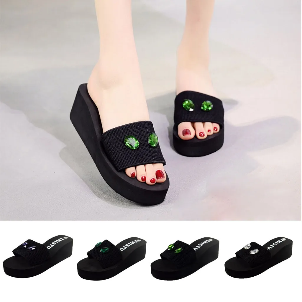 

SAGACE Slippers Women Crystal Pearl Drill Wedge Slides Home Bathroom Beach Flip Flops Shoes Slippers home slippers women 2019