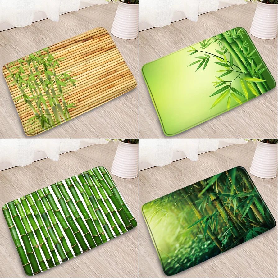 

Green Bamboo Bathroom Mats Plants Forest Road Tree Leaves Doorway Rug Kitchen Bedroom Flannel Absorbent Non-Slip Carpet Washable