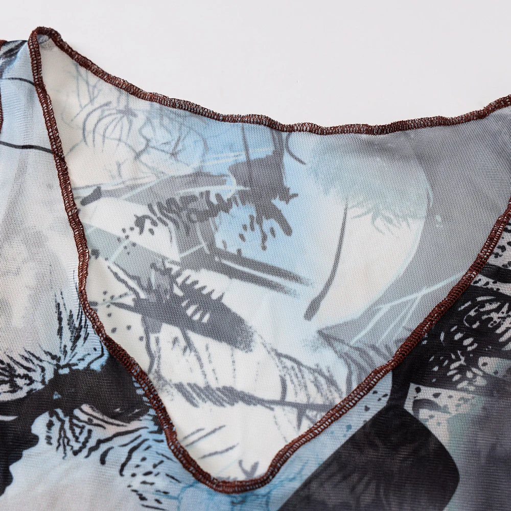 

Contrast Stitch Printed Mesh Bodysuit Long Sleeve Cyber Y2k See Through Sexy Top 2 Piece Body Suits 2021