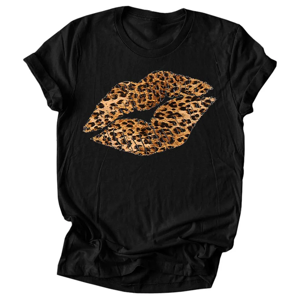 Леопардовой расцветки с принтом в виде губ для женщин футболка коротким рукавом