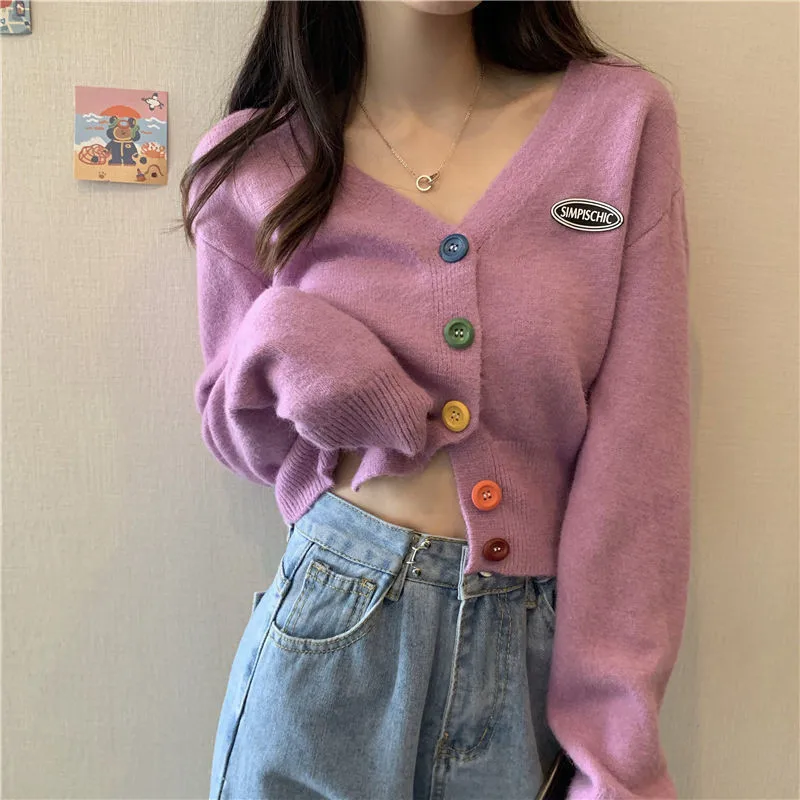 

Korean Spring Autumn Cropped Cardigan Sweaters Cute Women Casual Sweet V Neck Long Sleeve Sweater Women Knitted Cardigan Kawaii