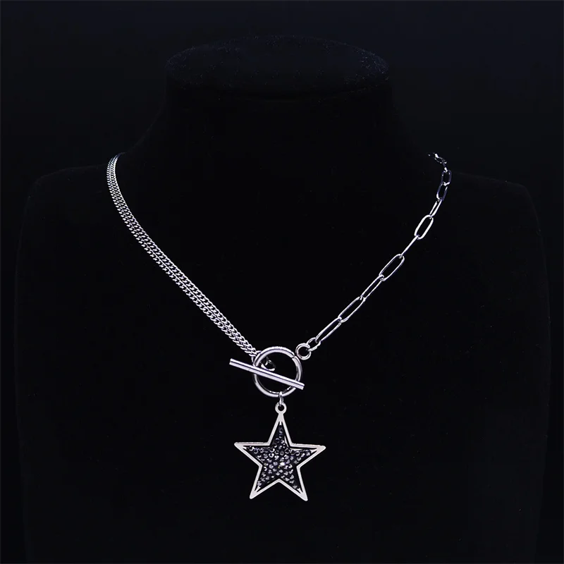 

2022 Punk Star Stainless Steel Black Crystal Necklaces Women Silver Color Statement Necklace Jewelry accessoires femme N4862S06