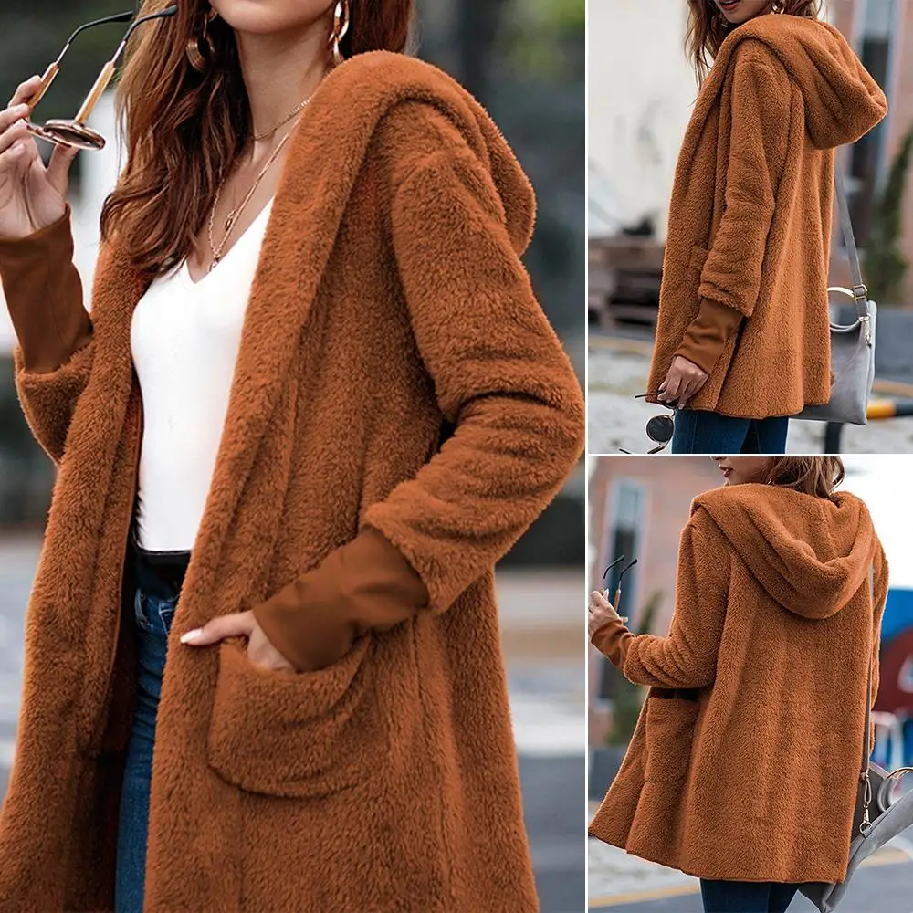 Женское пальто осень зима новый карман с капюшоном сплошной цвет длинный рукав