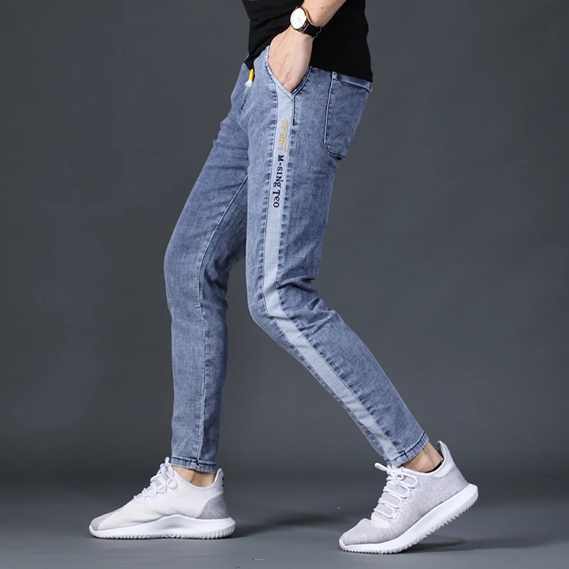 Men Side Stripe Blue Jeans Summer Men Straight Slim Fit Ankle-Length Pants Fashion Streetwear Elastic Waist Denim Trousers
