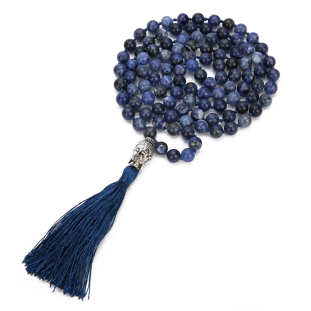 108 Mala Beaded Knotted Semi-Precious Stone Jewelry Meditation Declaration Prayer Big Buddha Head Tassel Pendant Long Necklace | Украшения