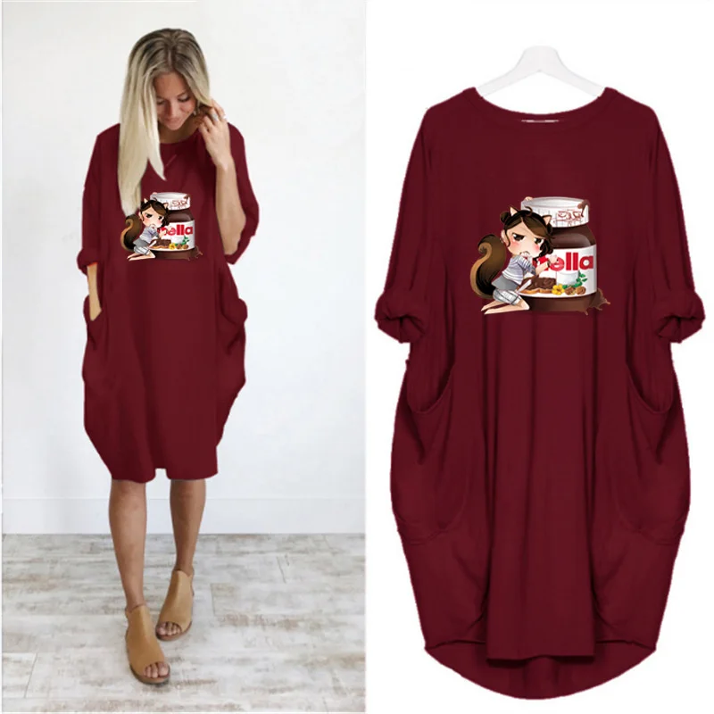 

Fall Winter Plus Size Loose Women Dresses Kawaii Nutella Cartoon Print Tops Long Sleeve o Neck Party Casual Midi Vestidos Robes