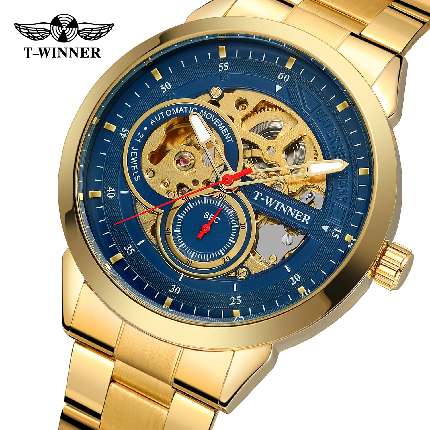 

Часы наручные Winner мужские с турбийоном, механические Роскошные Кварцевые спортивные водонепроницаемые круглые синие часы-скелетоны, Otamatone