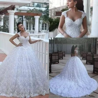 vestido de noiva appliques lace muslim pearls plus large cathedral lace ballgown cap sleeve white bride wedding dress mwa285