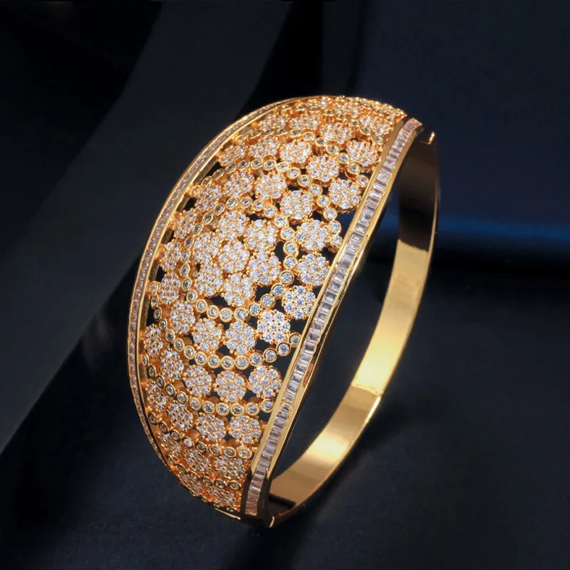 Gold Color BeaQueen широкий большой Роскошный эффектный браслет для женщин свадебные Полный кубический циркон цветок полые браслеты золотой цвет ювелирные изделия B176 - Окраска металла: Gold Color