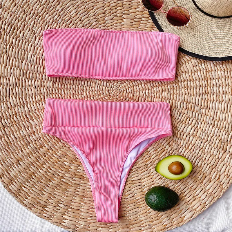 

Fors Solid black sexy bikini mujer Bandeau High waist swimsuit female Ribbled swimwear women High cut bathing suit swim wear new